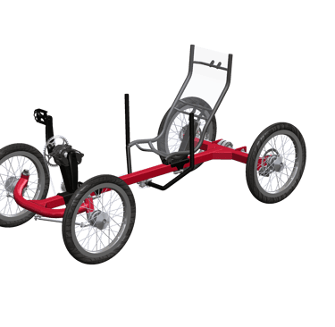 CAD rendering of Wheelly prototype – four-wheeled, electric-assisted quadcycle with red frame