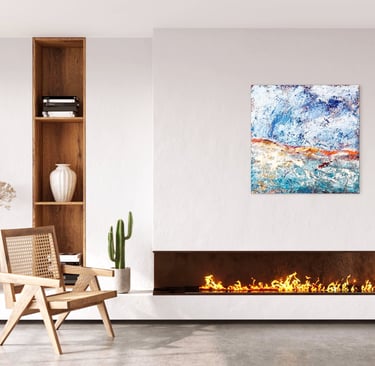 Large abstract painting above a fireplace in a modern living room.