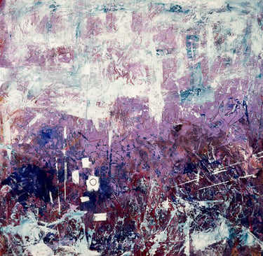 Contemporary abstract oil painting with expressive purple, white, and blue textured brushstrokes.