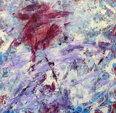 Bold abstract painting in purples and blues