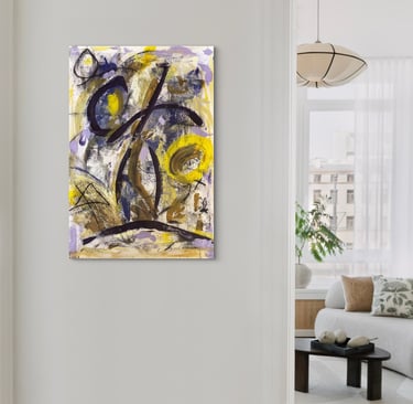 A lyrical painting in purples and yellows in a bright light room.
