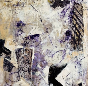 non-objective oil and cold wax painting suggesting a duet between two beings