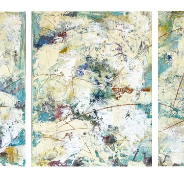 Three-panel abstract triptych wall art featuring expressive brushstrokes in blue, cream, and earth tones.