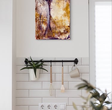 An abstract landscape hinting at a lake, trees in the foreground, and hills in the distance.