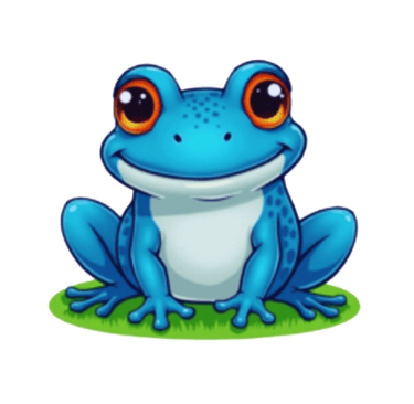 Blue frog on a leaf, playful cartoon design by Wyrlight for print on demand.