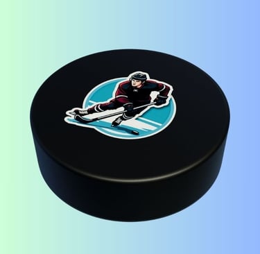 Energetic hockey sticker with cartoon NHL player shooting puck, bold sports design for POD.