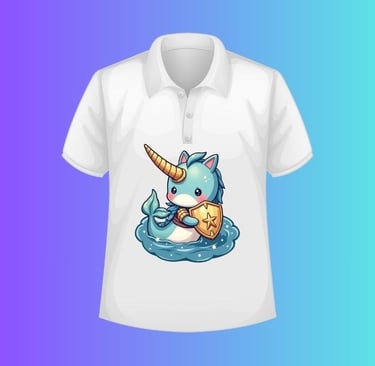 Kawaii narwhal knight with golden horn and starfish armor on T-shirt print for POD.