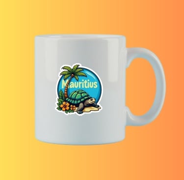 Comic style Mauritius travel sticker with giant tortoise and palm tree, colorful mug design POD.
