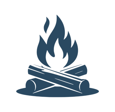 Minimalist campfire with crossed logs, bold outlines, clean vector illustration by Wyrlight.
