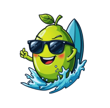 Playful lime slice with surfboard and sunglasses, bright design by Wyrlight for POD.