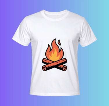 Retro campfire with crossed logs, minimalist T-shirt vector design by Wyrlight.