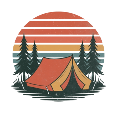 Retro camping scene with tent, pine trees and sunset stripes, minimalist design.