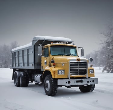 A bright orange dump truck is positioned on a snow-covered landscape with its door ajar. The vehicle stands out starkly against the white background, with light tire tracks visible in the snow around it.