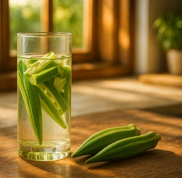 okra water in a glass on a wooden table in the kitchen