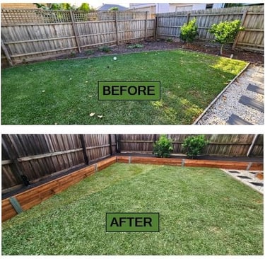 Garden renovation, Landscaping completely newly laid buffalo lawn before & after