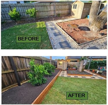Garden renovation, Landscaping completely newly laid buffalo lawn before & after