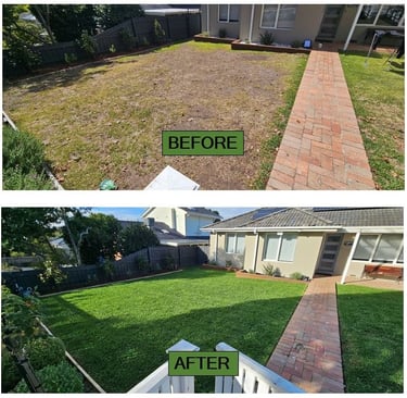 Garden renovation, Landscaping completely newly laid buffalo lawn before & after