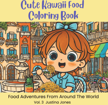 Cute Kawaii Food Coloring Book Page with a girl having fun eating