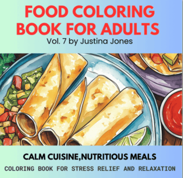 Food Coloring Book Cover with a plate of spring rolls