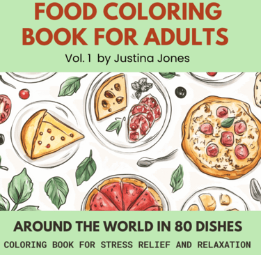 Book cover for food coloring books with graphic images of pizza slices