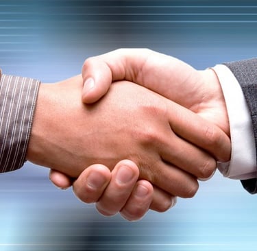 two people shaking hands with a blue sky in the background