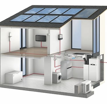 a house with a solar paneled roof and a solar panel