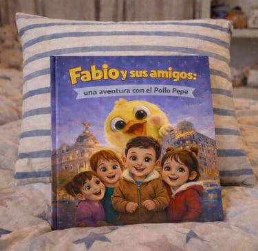 libro de pollo pepe posado sobre cojín