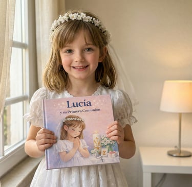 Niña vestida de comunión sostiene un libro personalizado