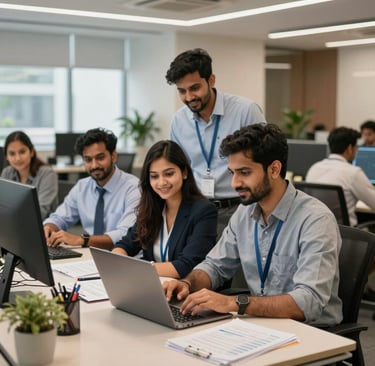 Chartered accountants discussing client strategies in a sleek conference room.