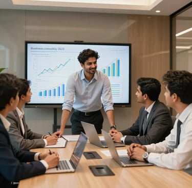A focused team meeting with charts and reports spread across the table.