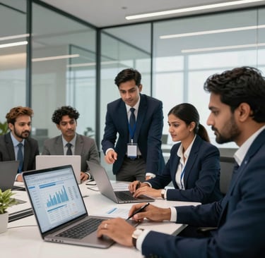 Young finance professionals collaborating over laptops in a bright, modern office space.