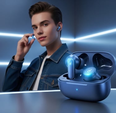 Um homem de jaqueta jeans e calça jeans segurando um fone de ouvido Bluetooth.