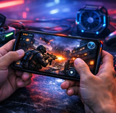 Jogador jogando um jogo de tiro em um smartphone com acessórios de jogos RGB e teclado.