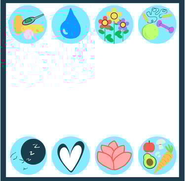 Bubbles of different health areas to address: medicine, hydration, community, fitness, sleep, heart.