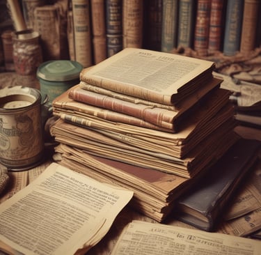 A variety of antique and vintage items are spread across a table. These include old newspapers, brass and glass bottles, ornate figurines, a wire basket filled with spherical objects, and large crystals or minerals. The scene conveys a sense of history and nostalgia.