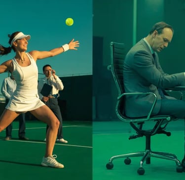 Executive playing tennis while another suffers under workplace pressure