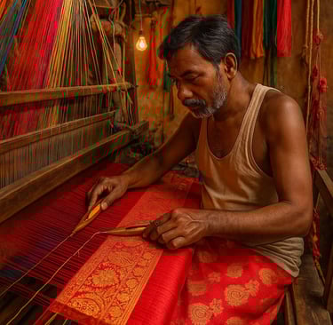 a man sitting and weaving handloom saree