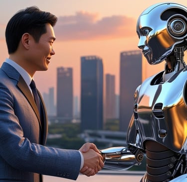 Illustration of robots and humans shaking hands, symbolizing collaboration