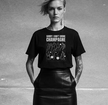 Black-and-white portrait of a woman wearing the NOVIP ‘Sorry I Don’t Drink Champagne’ graphic T-shir