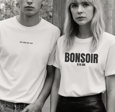 Black-and-white portrait of couple wearing NOVIP tees: ‘We Are No VIP’ and ‘Bonsoir 8:14 AM