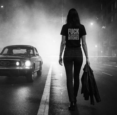 Woman wearing NOVIP streetwear on a foggy nighttime city street with a vintage car.