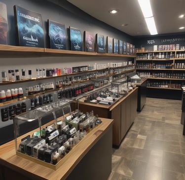 A traditional shop selling various dried goods, with shelves full of jars and containers. Two men interact in the brightly lit store, surrounded by an array of packaged products and handwritten signs displaying prices. Hanging light bulbs add a warm glow to the bustling environment.