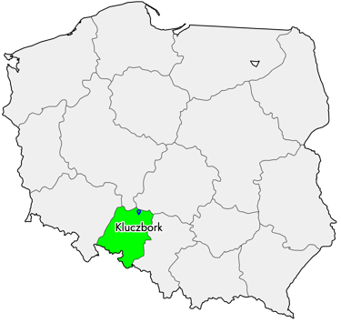 Mapa Polski z zaznaczonym powiatem kluczborskim – obszar realizacji projektu.