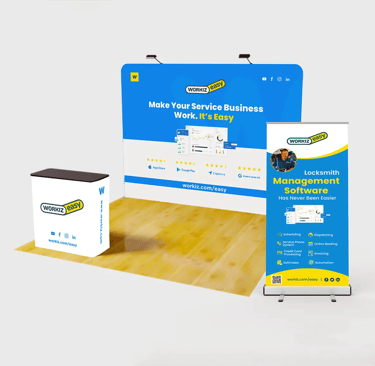 10x10 tradeshow backdrop banner with podium curved banner with roll up banner