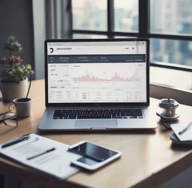 A modern workspace setup featuring a large monitor and a laptop displaying web pages. The desk has a wireless keyboard, a mouse, and a card labeled '#Hashtag Campaign'. The space is clean and organized with a focus on digital content.