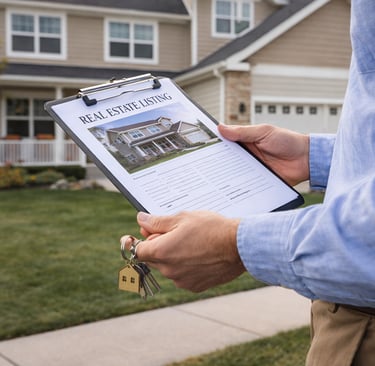 Homeowner reviewing a real estate listing in front of a suburban Colorado home before selling