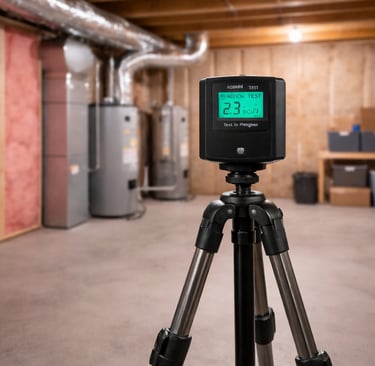 Radon testing device on tripod in unfinished basement