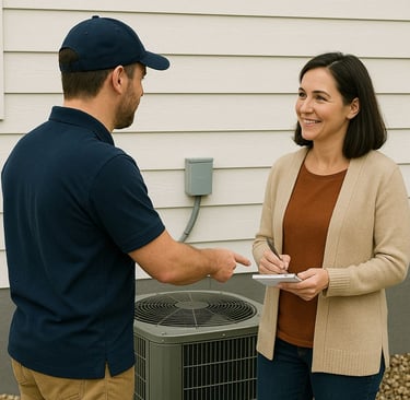 Walking a homeowner through some basic maintenance tips on an AC unit. 