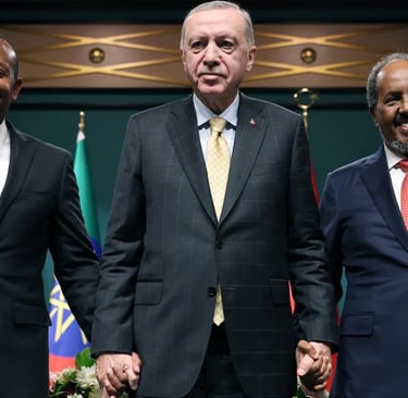 Turkish President Tayyip Erdogan (C) poses with Somali President Hassan Sheikh Mohamud (R) and Ethio