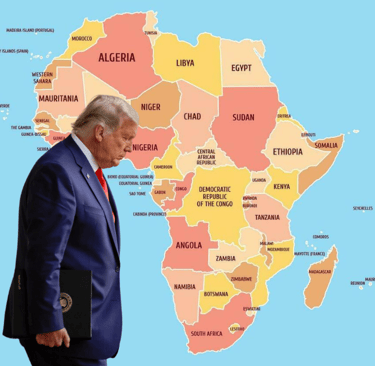 Picture showing the African continent and flags of every country in Africa, and the US President Donald Trump standing.